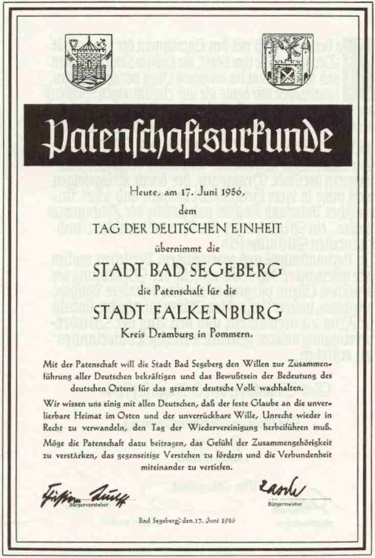 Patenschaftsurkunde Stadt Bad Segeberg - Stadt Falkenburg vom 17. Juni 1956